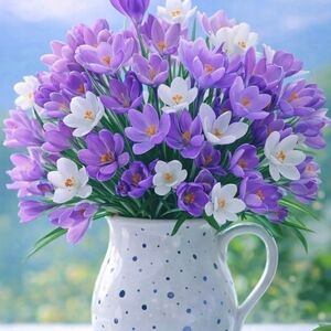 Purple and White Floral Arrangement in Polka Dot Vase